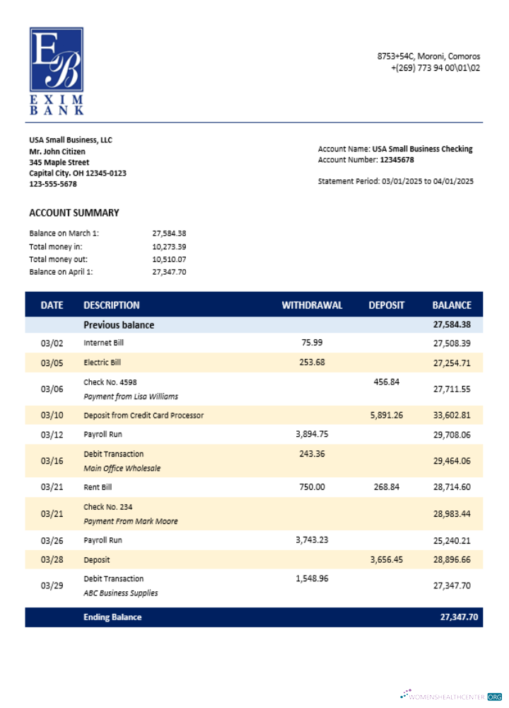 Download Comoran Exim bank enterprise account statement Word and PDF format Photoshop template